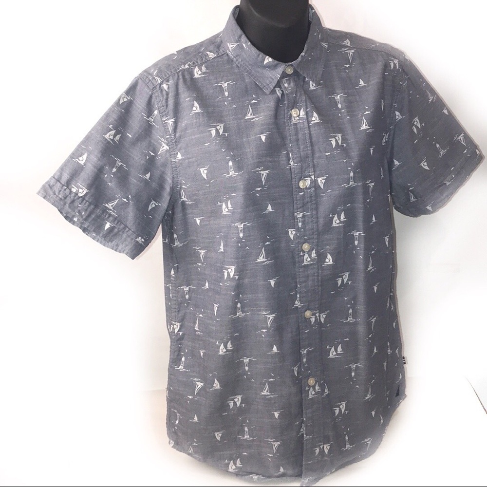 Nautica Boys Shirt button down short sleeve Gray white Nautical Print XL 18/20